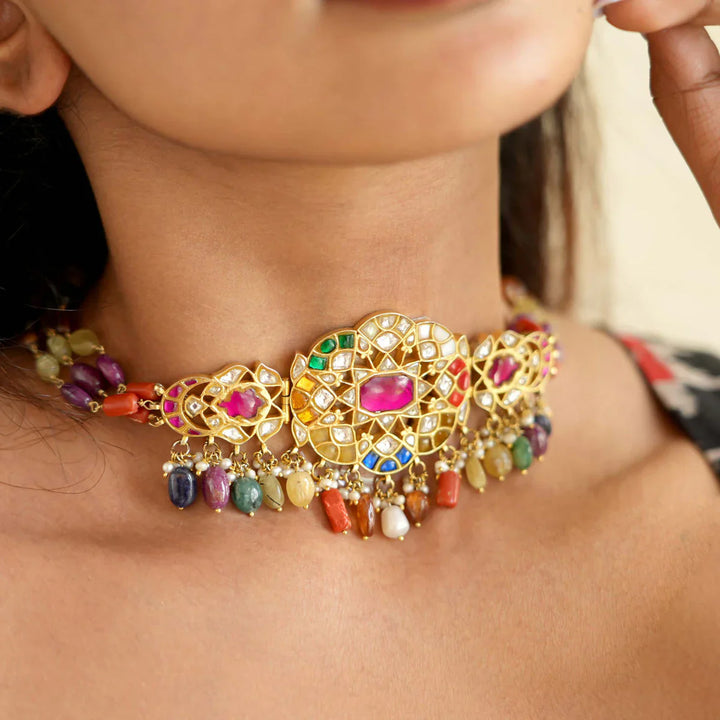 92.5 Silver, 24 kt Gold-Plated Navarathna Choker Necklace With Dangling Pearls