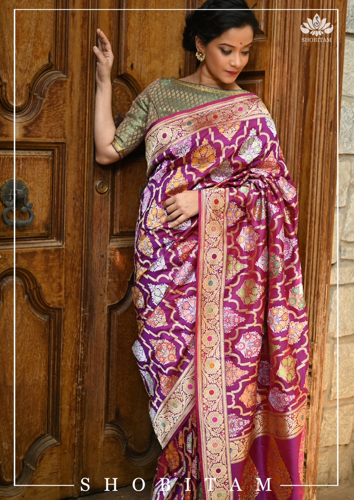 Authentic Kadhuwa Jungla Multi-color Meenakari Jaal Banarasi Silk Saree in Plum with Grand Pallu and Zari  | SILK MARK CERTIFIED