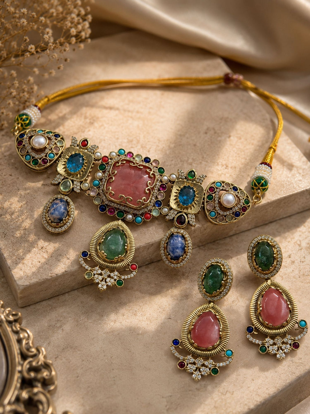 Royal Polki Multicolor Statement Gemstone Choker Set | SHOBITAM