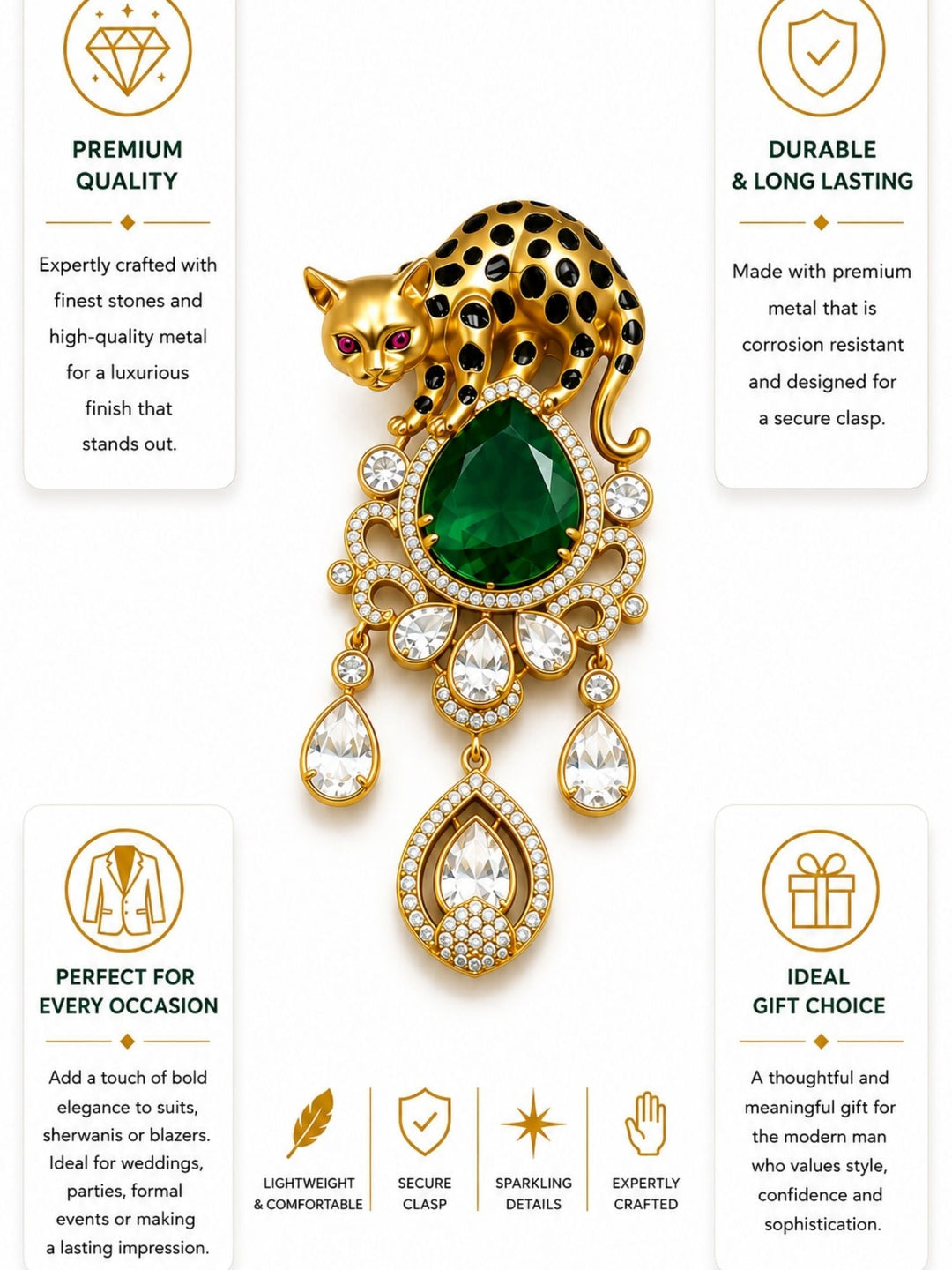 Royal Leopard Brooch Pin for Unisex | Green Crystal Gold Plated Statement Lapel Pin | SHOBITAM