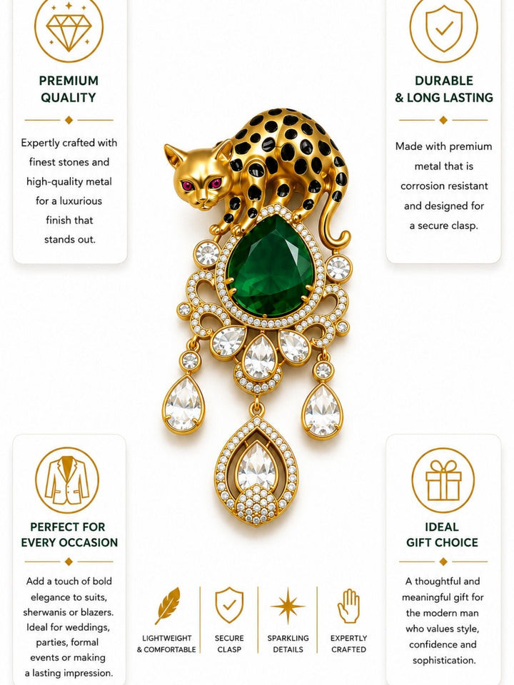 Royal Leopard Brooch Pin for Unisex | Green Crystal Gold Plated Statement Lapel Pin | SHOBITAM