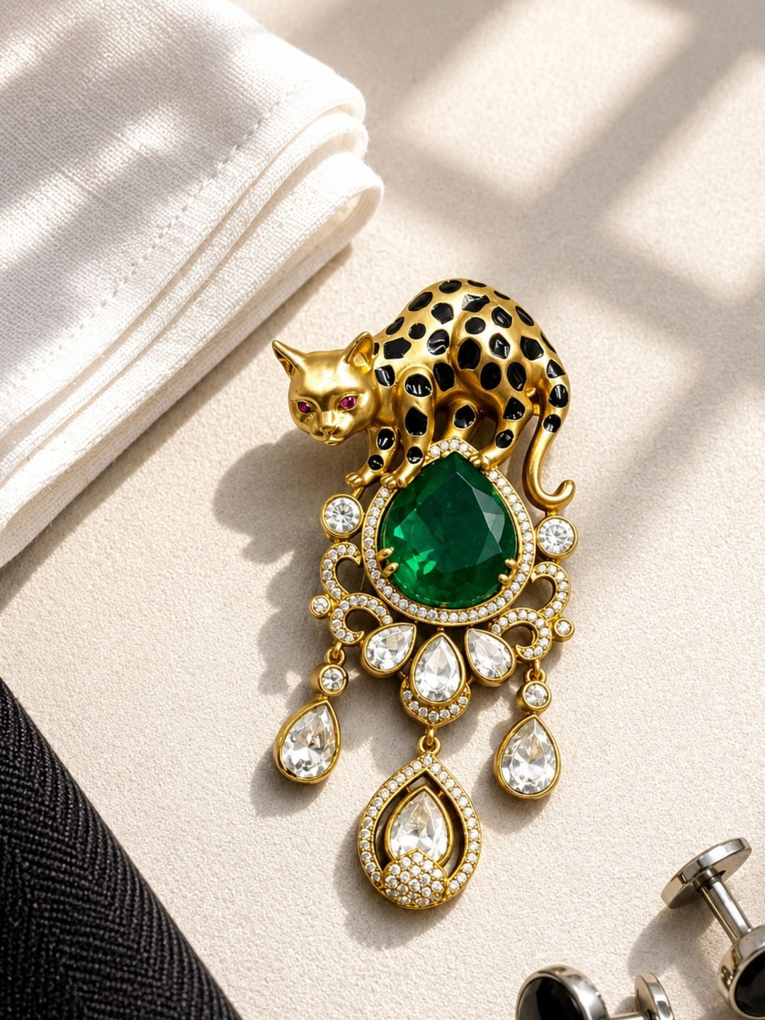 Royal Leopard Brooch Pin for Unisex | Green Crystal Gold Plated Statement Lapel Pin | SHOBITAM