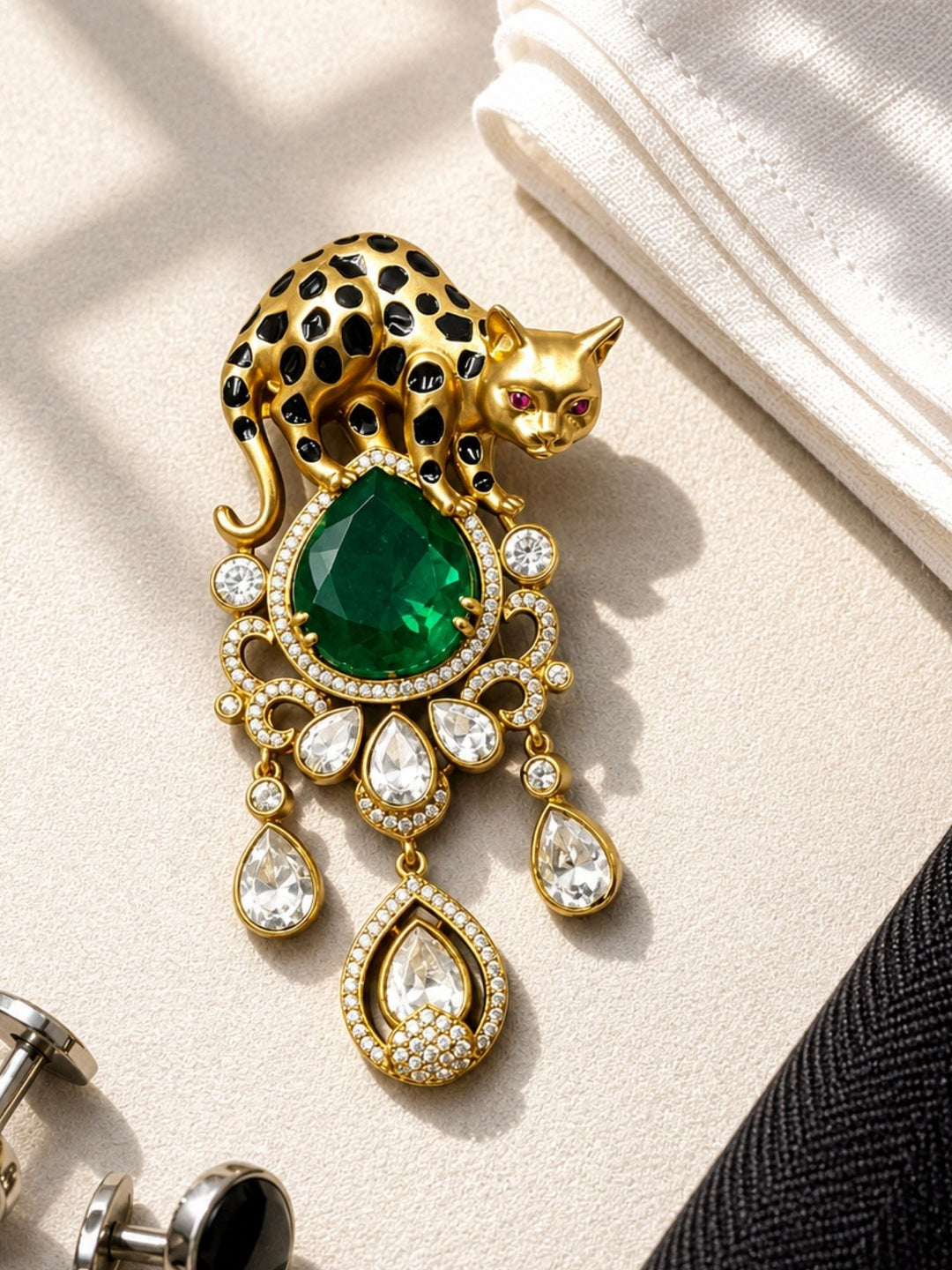 Royal Leopard Brooch Pin for Unisex | Green Crystal Gold Plated Statement Lapel Pin | SHOBITAM