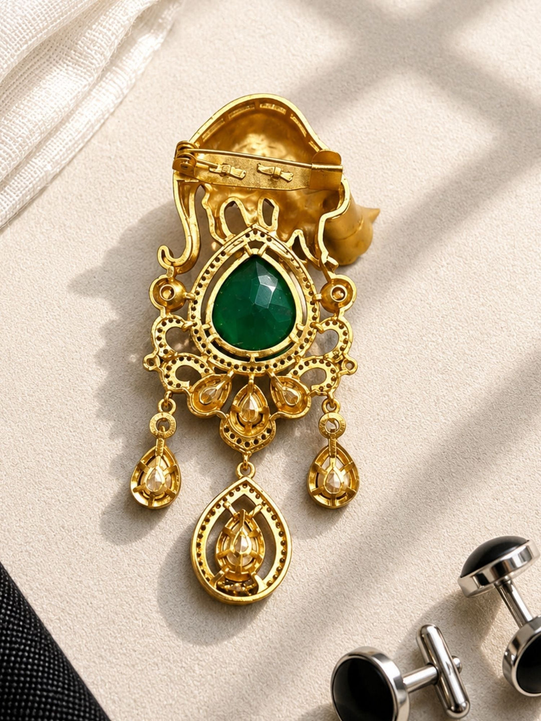 Royal Leopard Brooch Pin for Unisex | Green Crystal Gold Plated Statement Lapel Pin | SHOBITAM