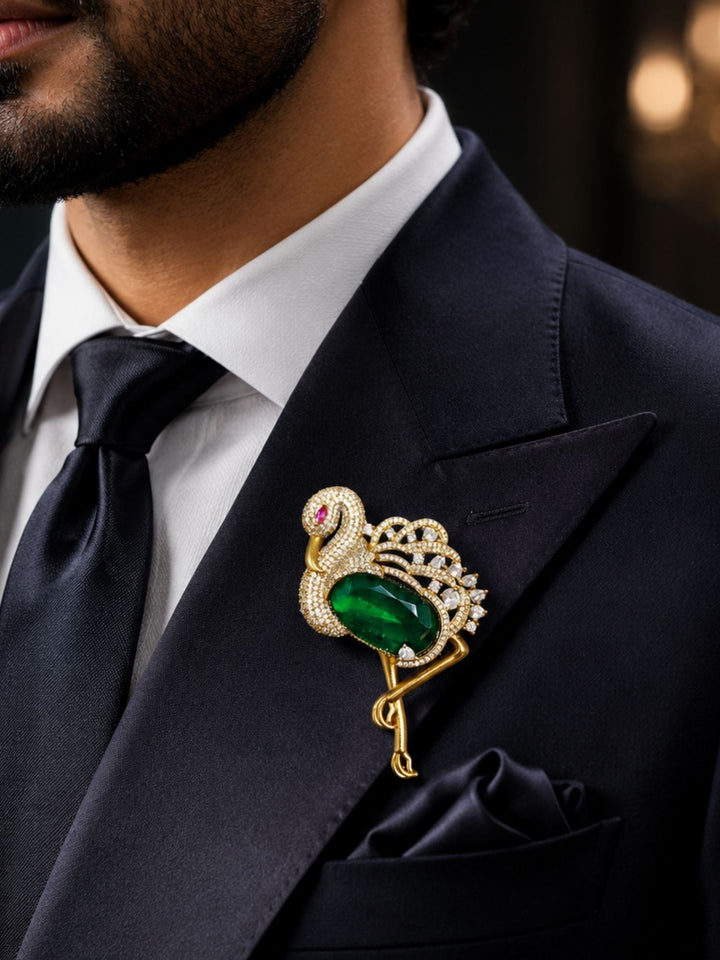 Luxury Flamingo Brooch Pin for Unisex | Green Crystal Gold Plated Statement Lapel Pin | SHOBITAM
