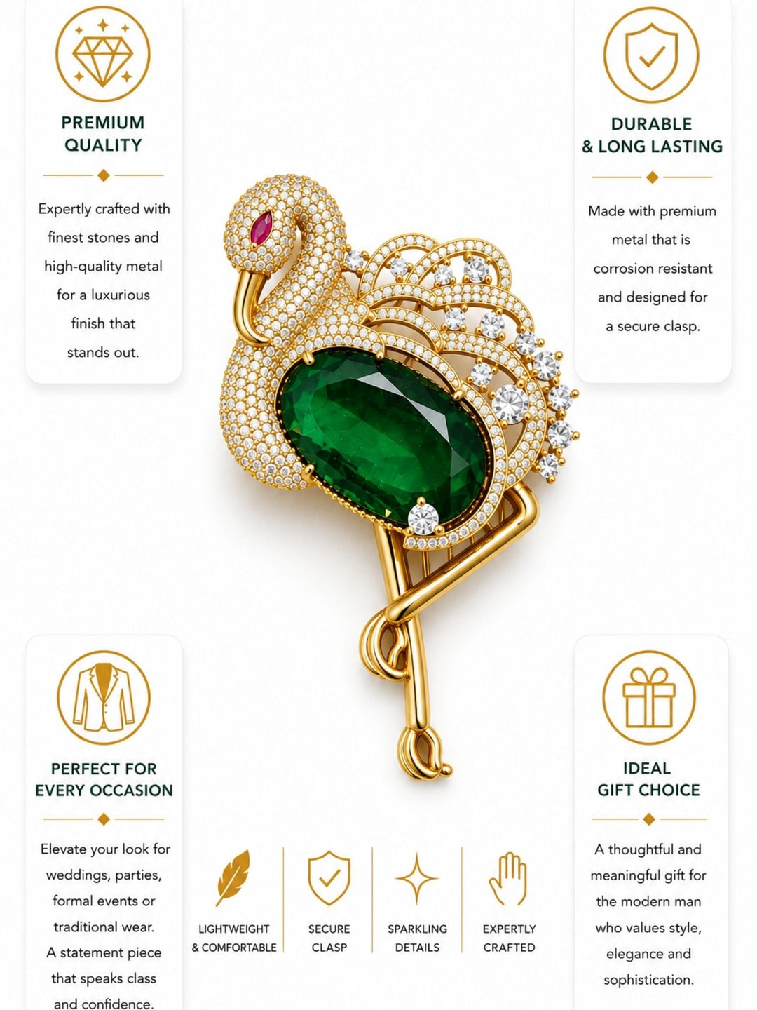 Luxury Flamingo Brooch Pin for Unisex | Green Crystal Gold Plated Statement Lapel Pin | SHOBITAM