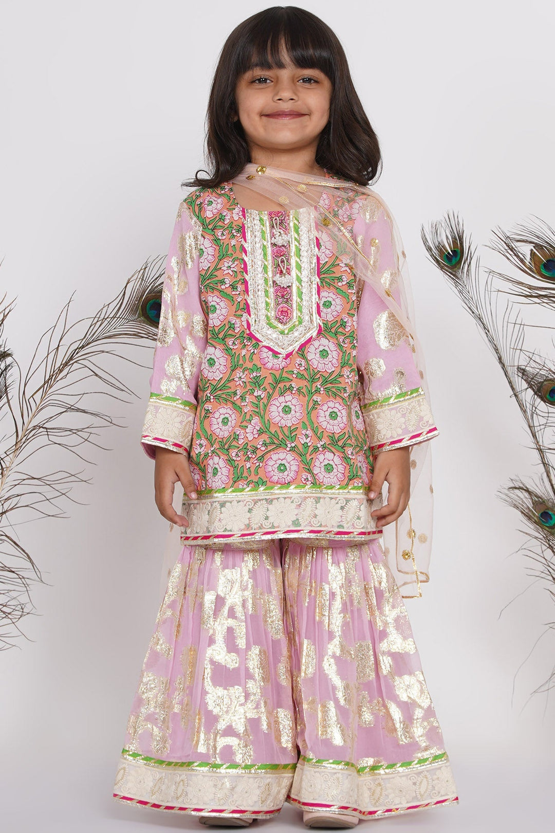 Girls Bengali Lace work Floral Kurta with Embellished Sharara & Duppata in Pink | SHOBITAM