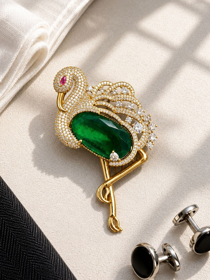 Luxury Flamingo Brooch Pin for Unisex | Green Crystal Gold Plated Statement Lapel Pin | SHOBITAM
