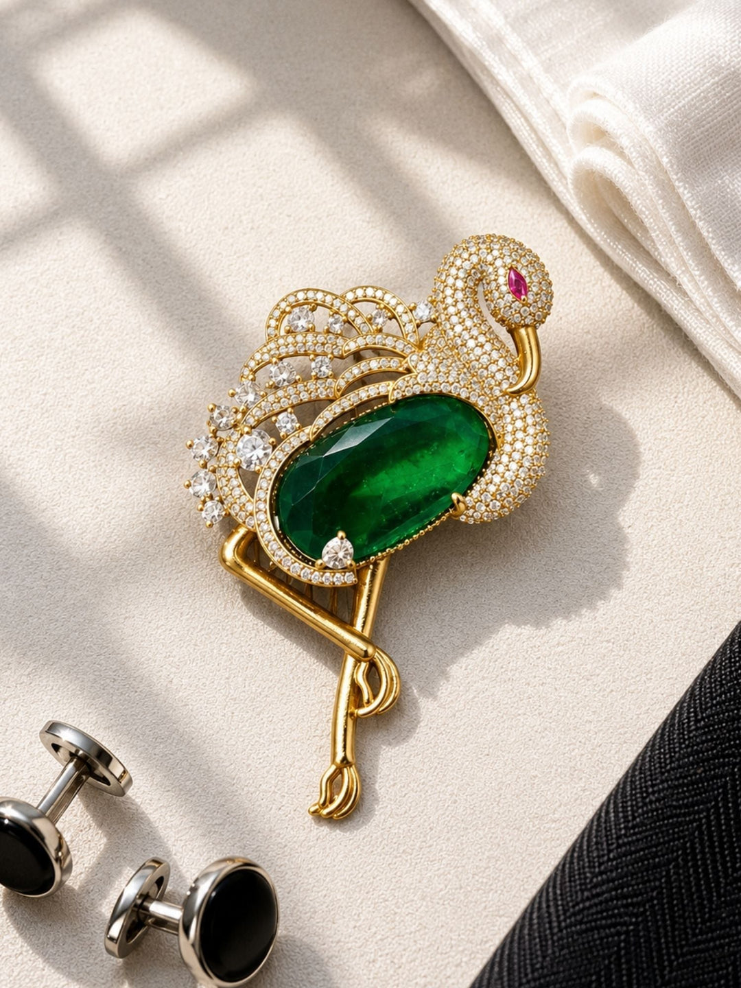 Luxury Flamingo Brooch Pin for Unisex | Green Crystal Gold Plated Statement Lapel Pin | SHOBITAM