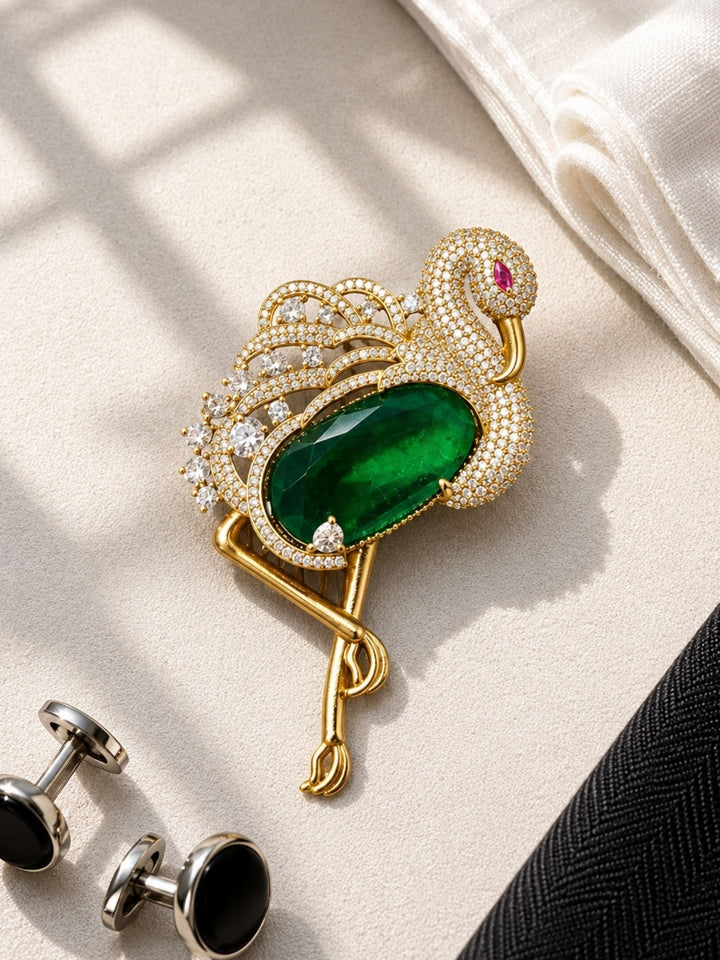 Luxury Flamingo Brooch Pin for Unisex | Green Crystal Gold Plated Statement Lapel Pin | SHOBITAM