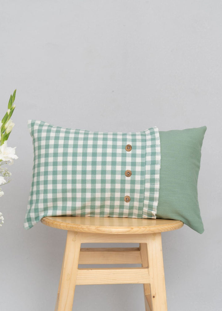 Gingham Sage Green Geometric Cushion Cover for Sofa – 100% Cotton | SHOBITAM