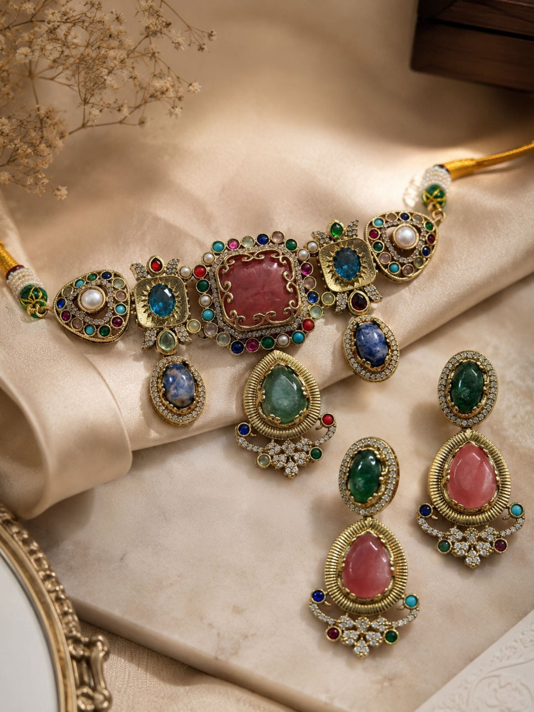 Royal Polki Multicolor Statement Gemstone Choker Set | SHOBITAM