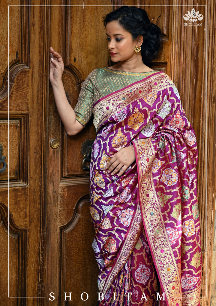 Authentic Kadhuwa Jungla Multi-color Meenakari Jaal Banarasi Silk Saree in Plum with Grand Pallu and Zari  | SILK MARK CERTIFIED