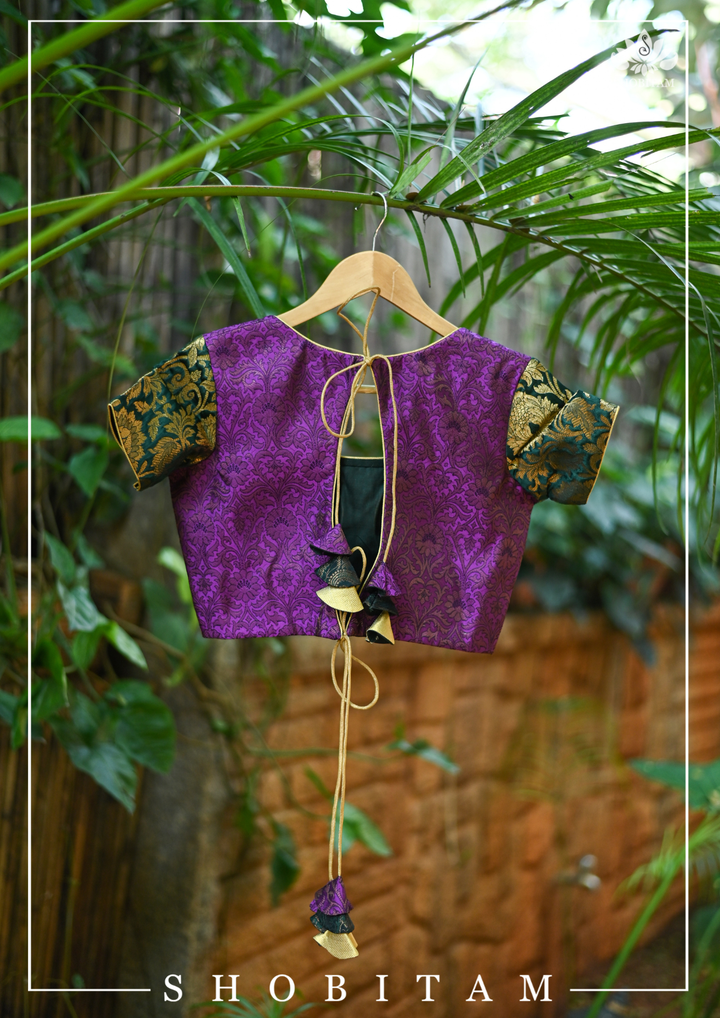 Purple and Black Banarasi Brocade Blouse with Tie back design | SHOBITAM