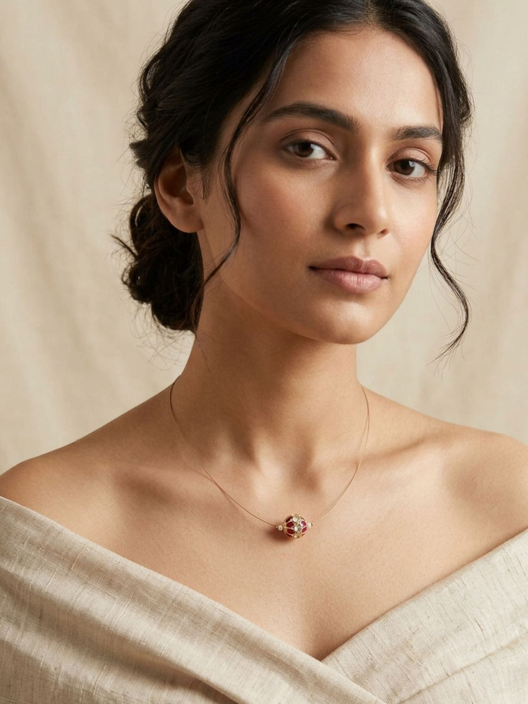 Minimal Gold Plated Necklace with Ruby Stone Charm | SHOBITAM