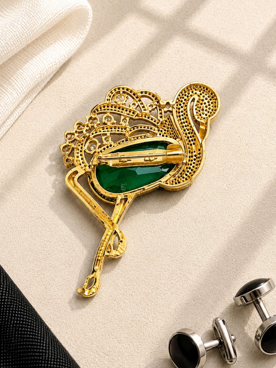 Luxury Flamingo Brooch Pin for Unisex | Green Crystal Gold Plated Statement Lapel Pin | SHOBITAM