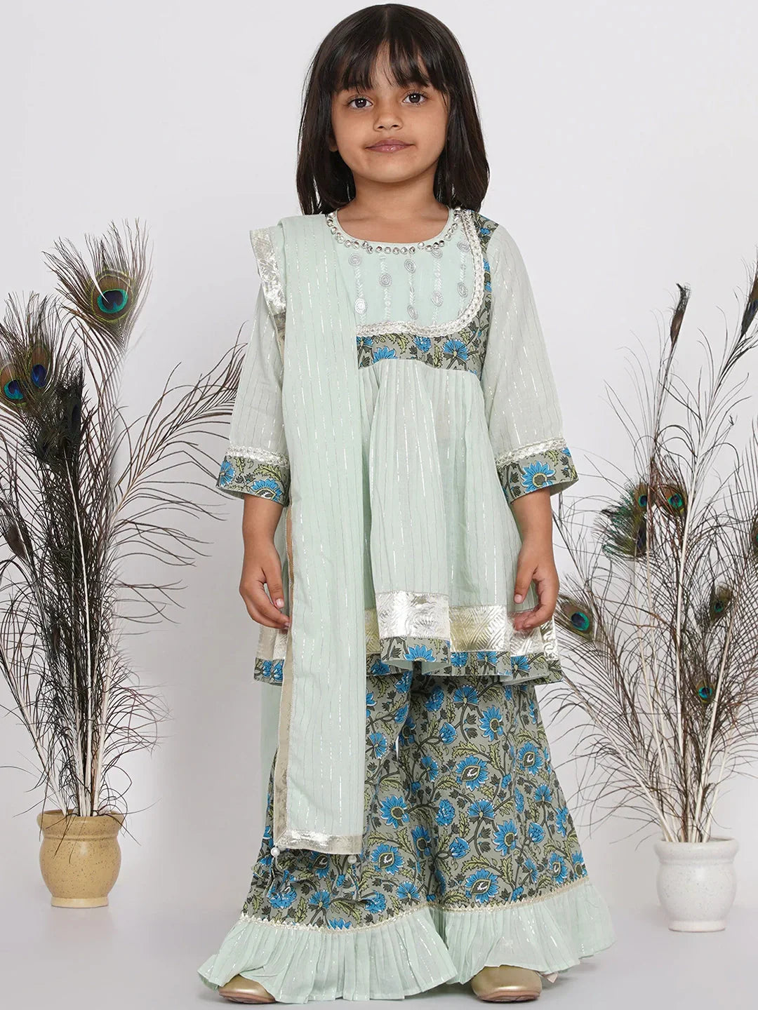 Girls Zardosi Work Kurta Frock with Plazzo and Striped Dupatta  | SHOBITAM