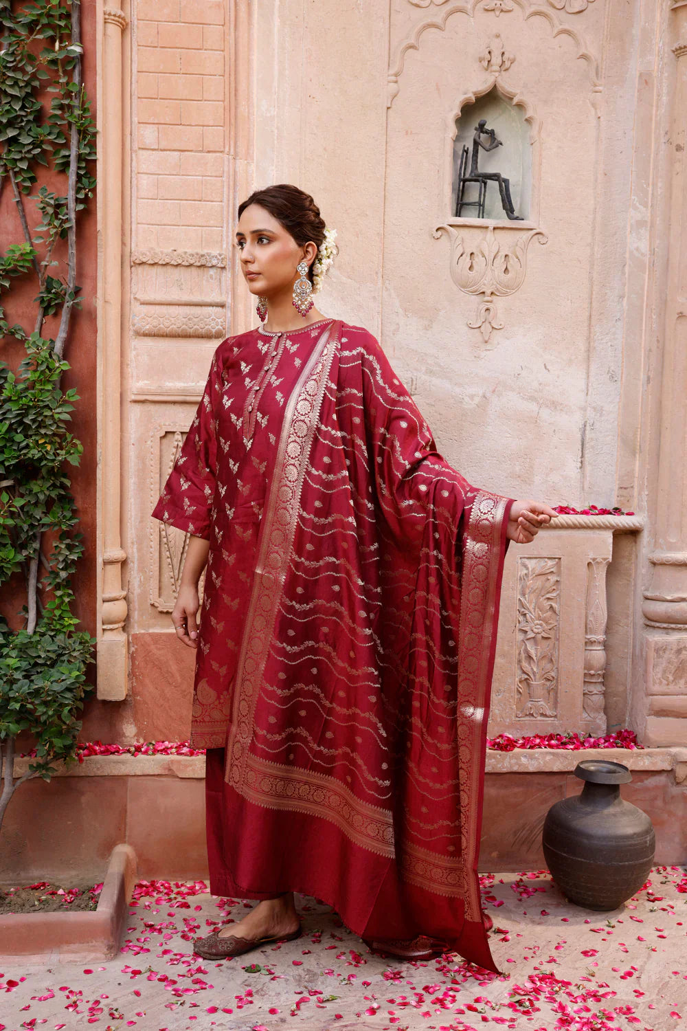 Wine Pure Silk Banarasi Kurta Set With Dupatta