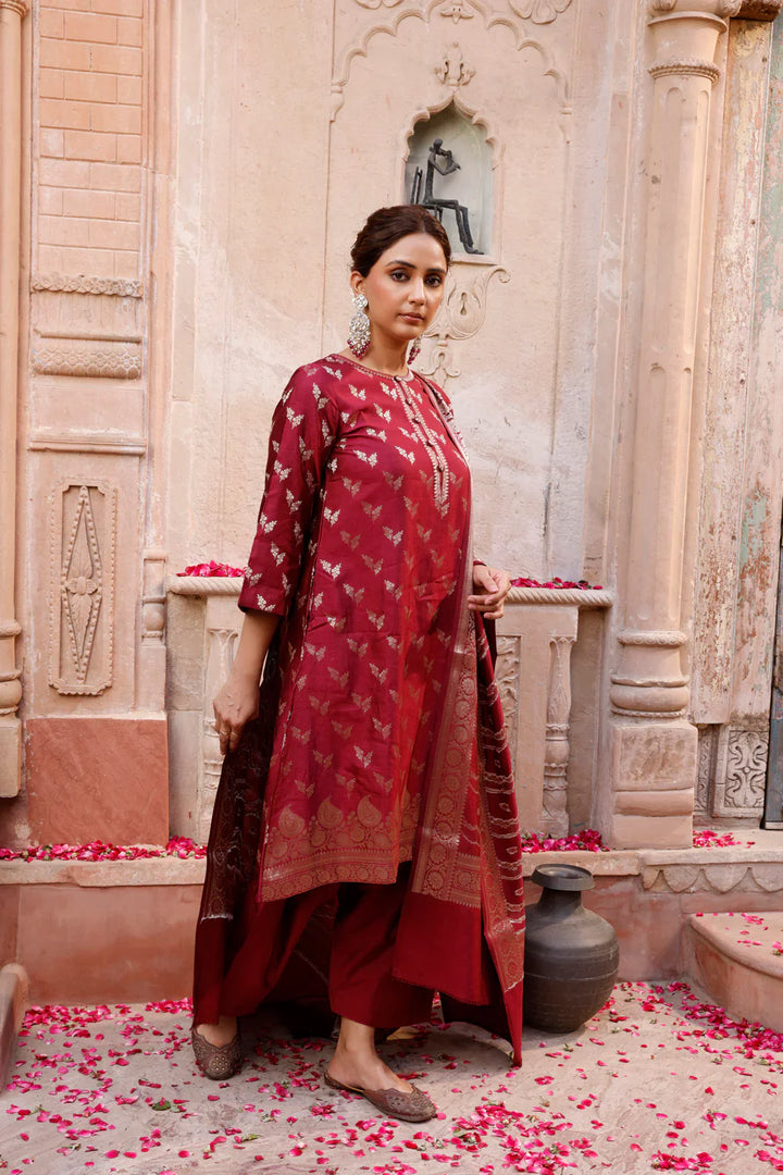 Wine Pure Silk Banarasi Kurta Set With Dupatta