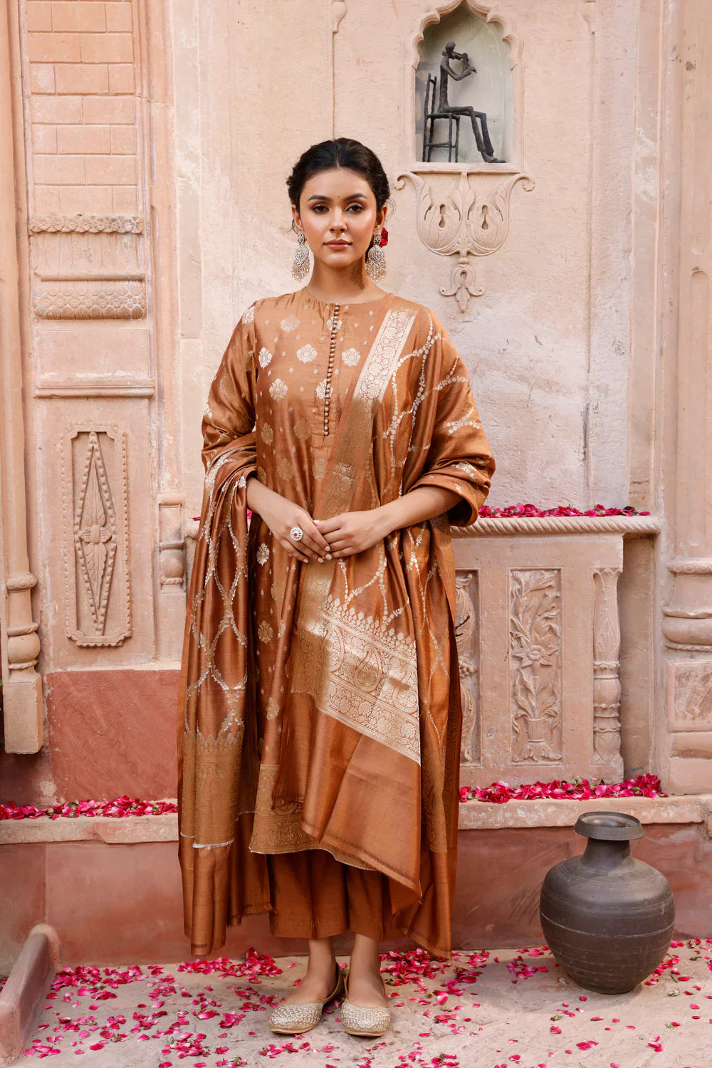 Mocha Brown Pure Silk Banarasi Kurta Set With Dupatta | SHOBITAM