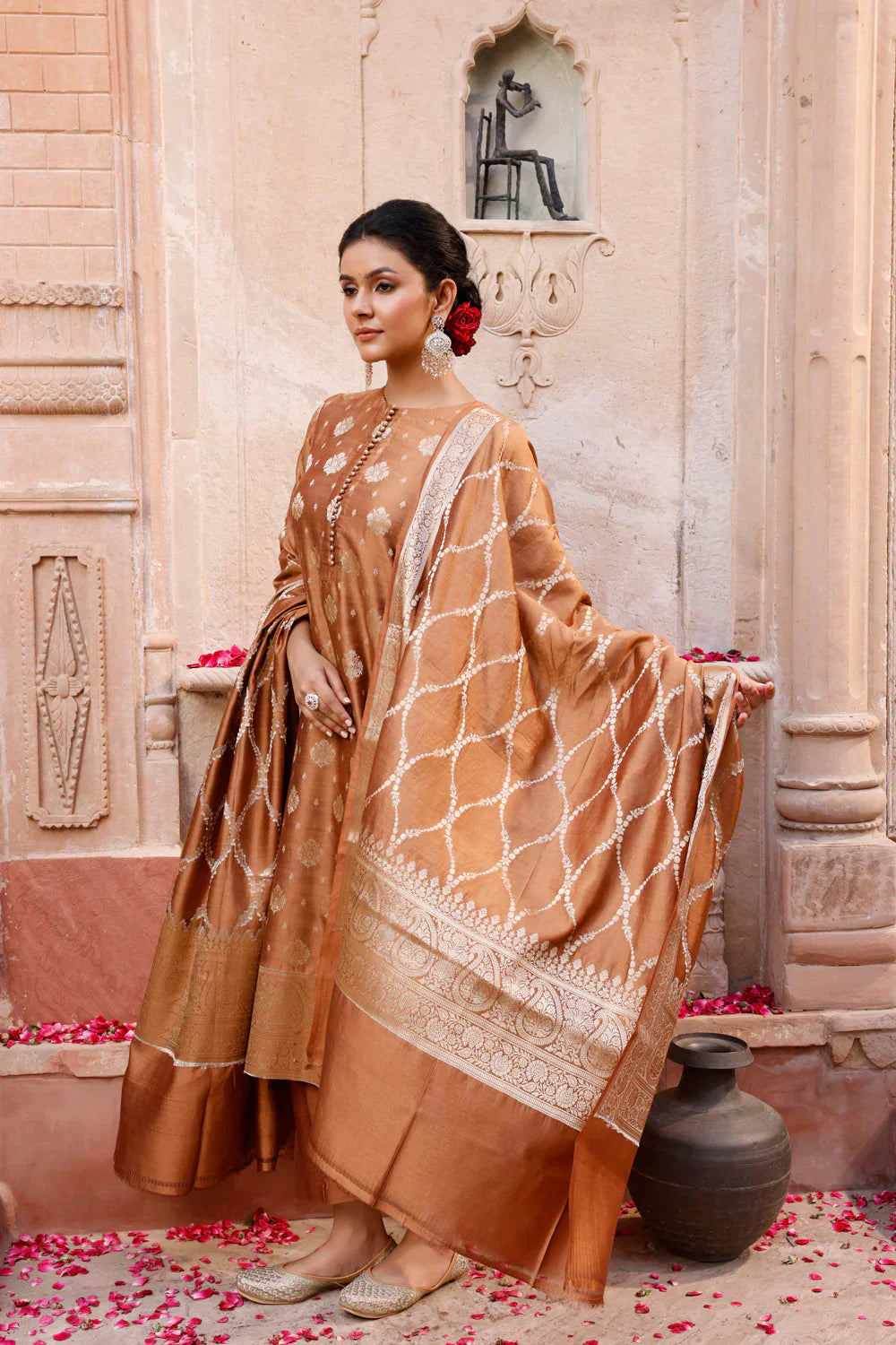 Mocha Brown Pure Silk Banarasi Kurta Set With Dupatta | SHOBITAM