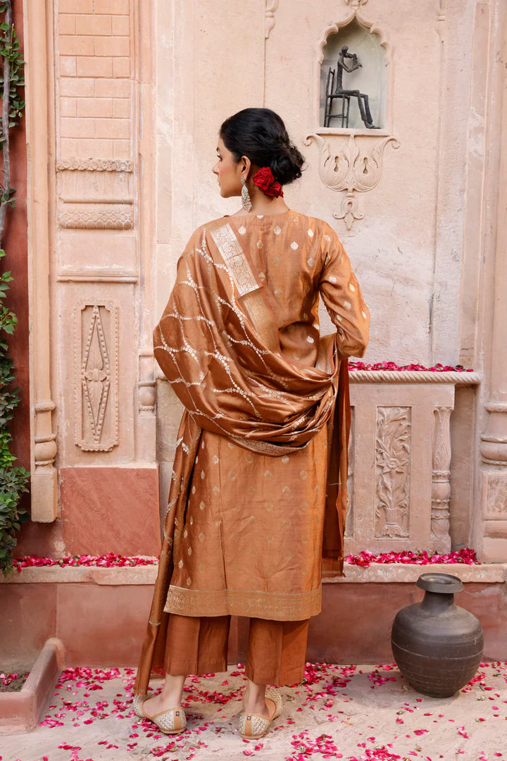 Mocha Brown Pure Silk Banarasi Kurta Set With Dupatta | SHOBITAM