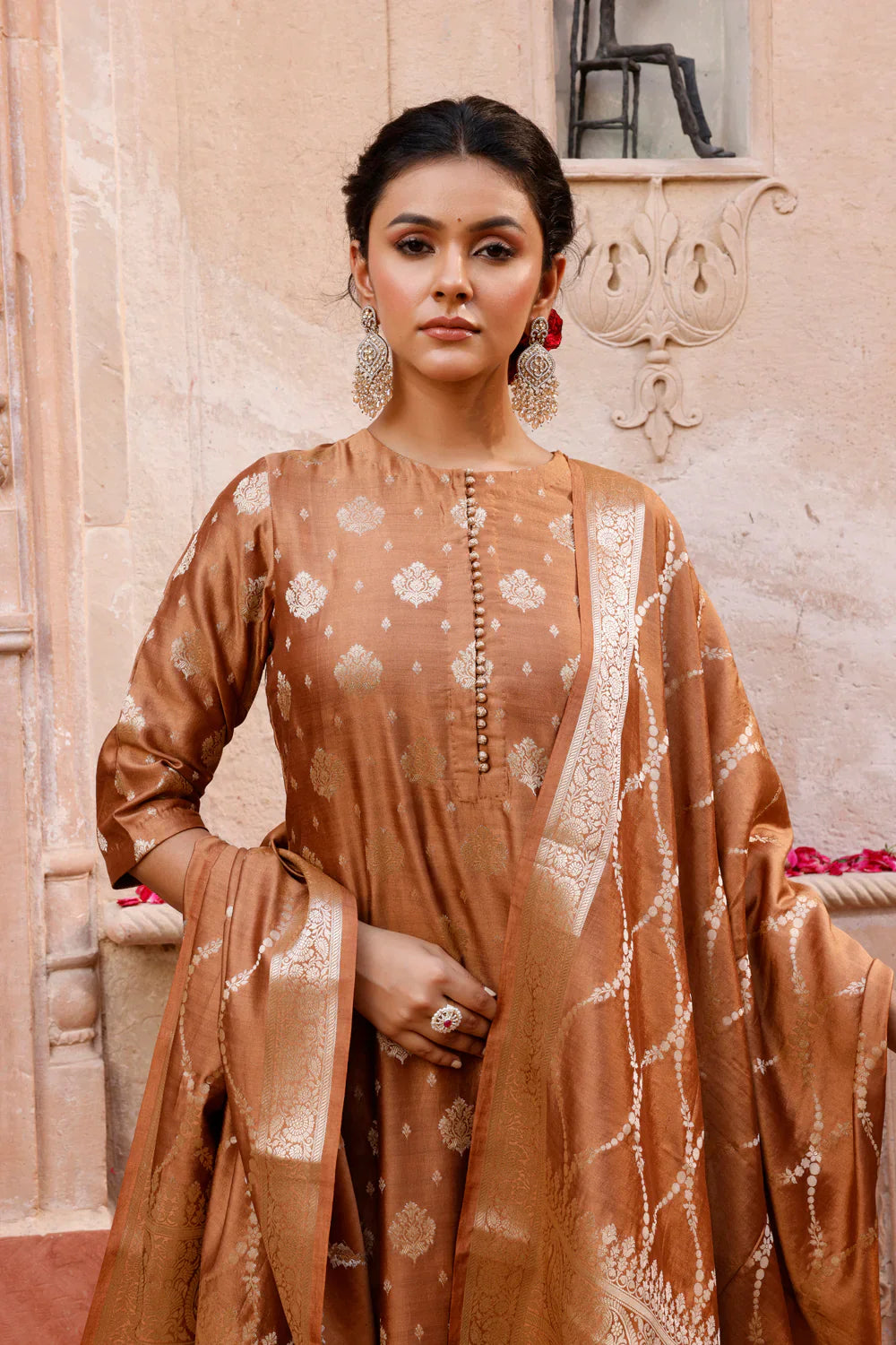 Mocha Brown Pure Silk Banarasi Kurta Set With Dupatta | SHOBITAM