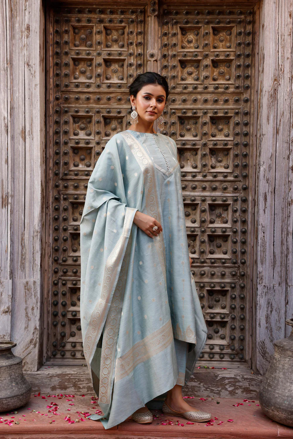 Powder Blue Pure Silk Banarasi Kurta Set With Dupatta| SILK MARK CERTIFIED