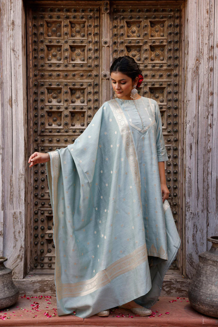 Powder Blue Pure Silk Banarasi Kurta Set With Dupatta| SILK MARK CERTIFIED