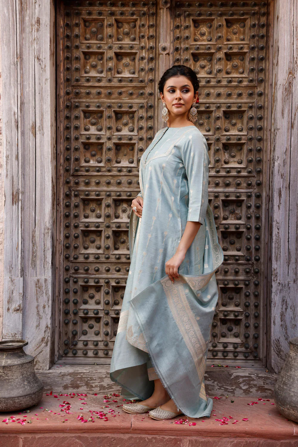Powder Blue Pure Silk Banarasi Kurta Set With Dupatta| SILK MARK CERTIFIED