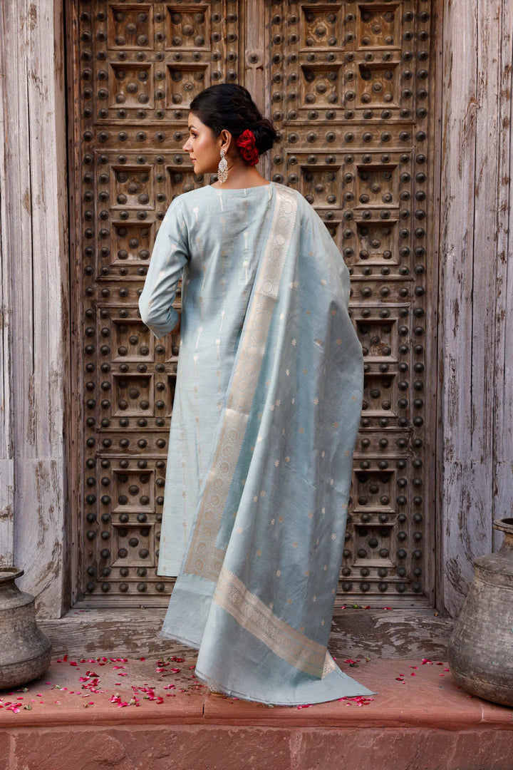 Powder Blue Pure Silk Banarasi Kurta Set With Dupatta| SILK MARK CERTIFIED
