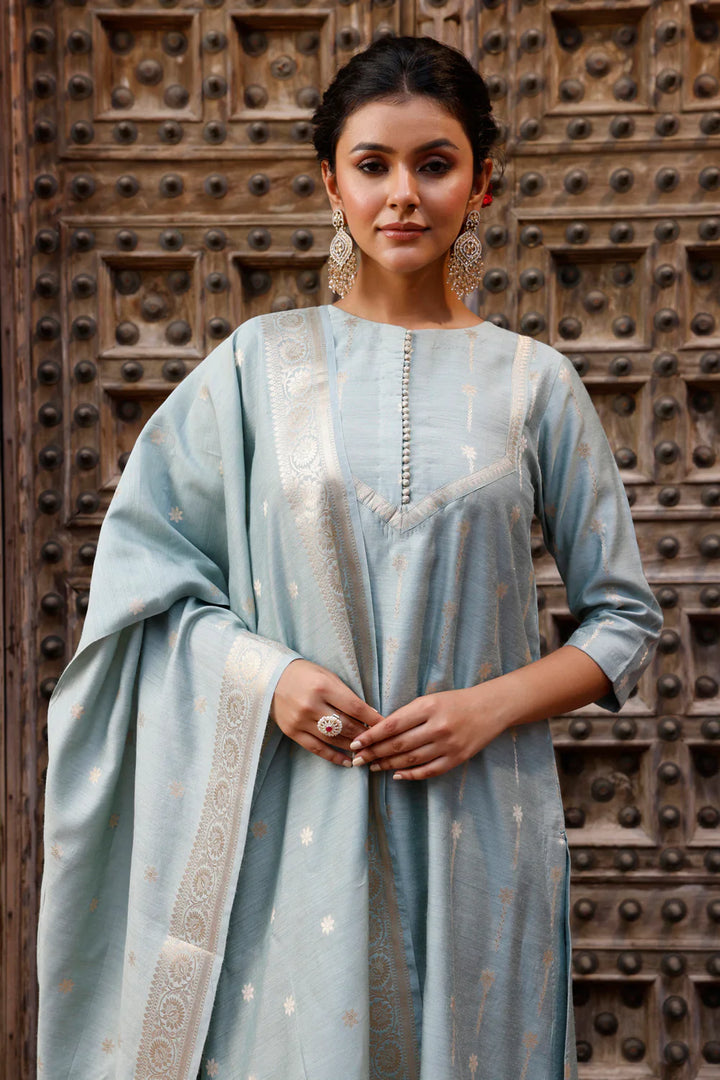 Powder Blue Pure Silk Banarasi Kurta Set With Dupatta| SILK MARK CERTIFIED