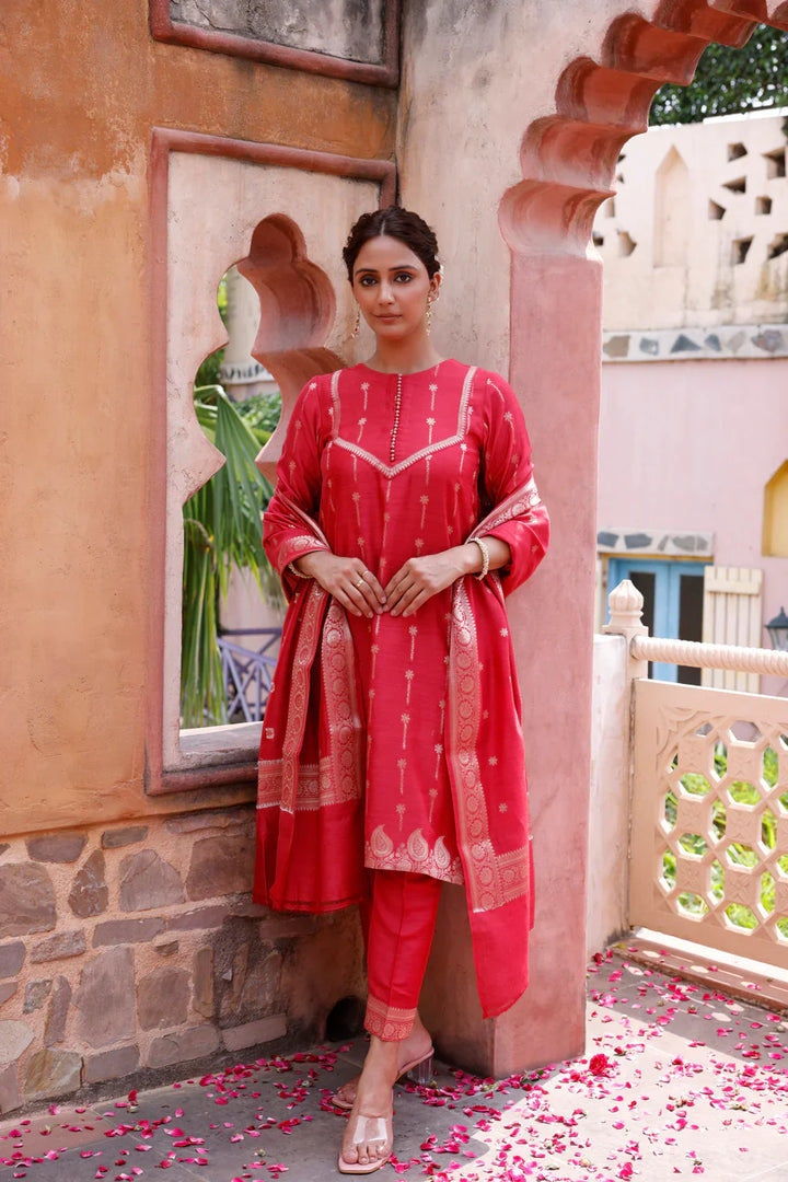 Red Pure Silk Banarasi Kurta Set With Dupatta | SHOBITAM