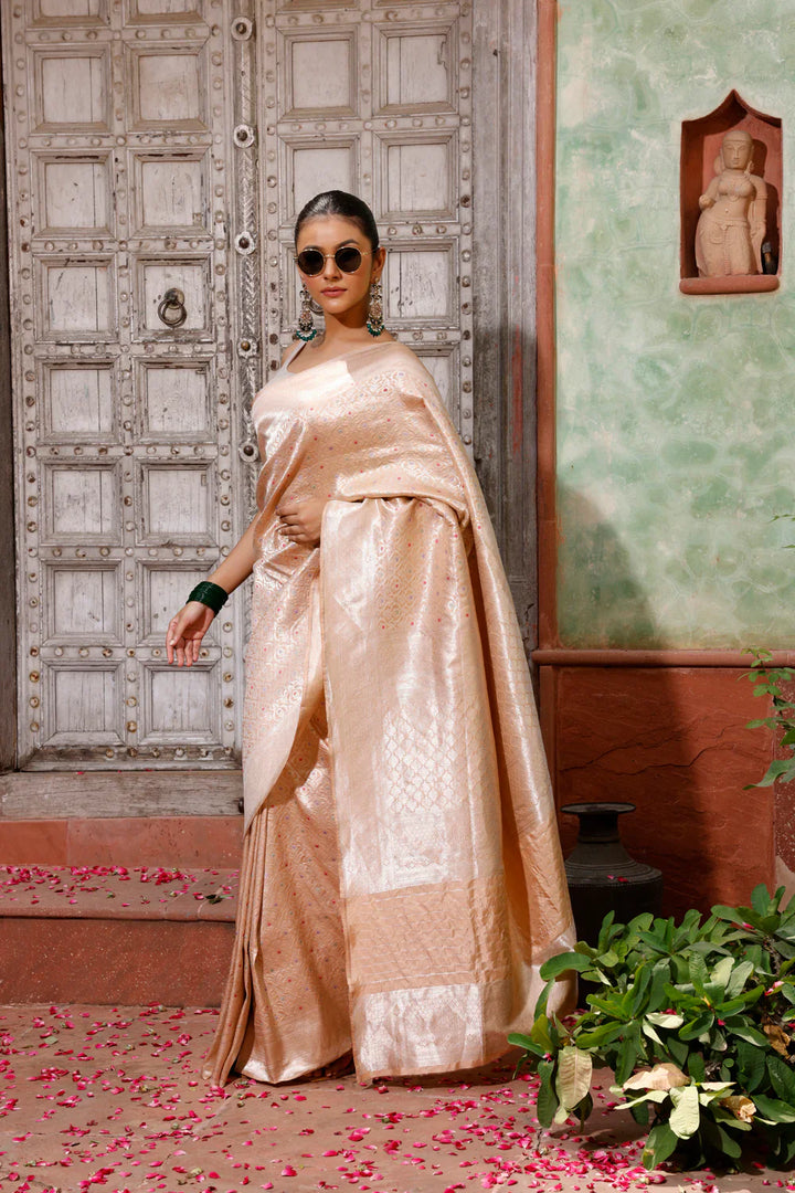 Handloom Cream Pink Pure Silk Banarasi Saree | SILK MARK CERTIFIED | SHOBITAM