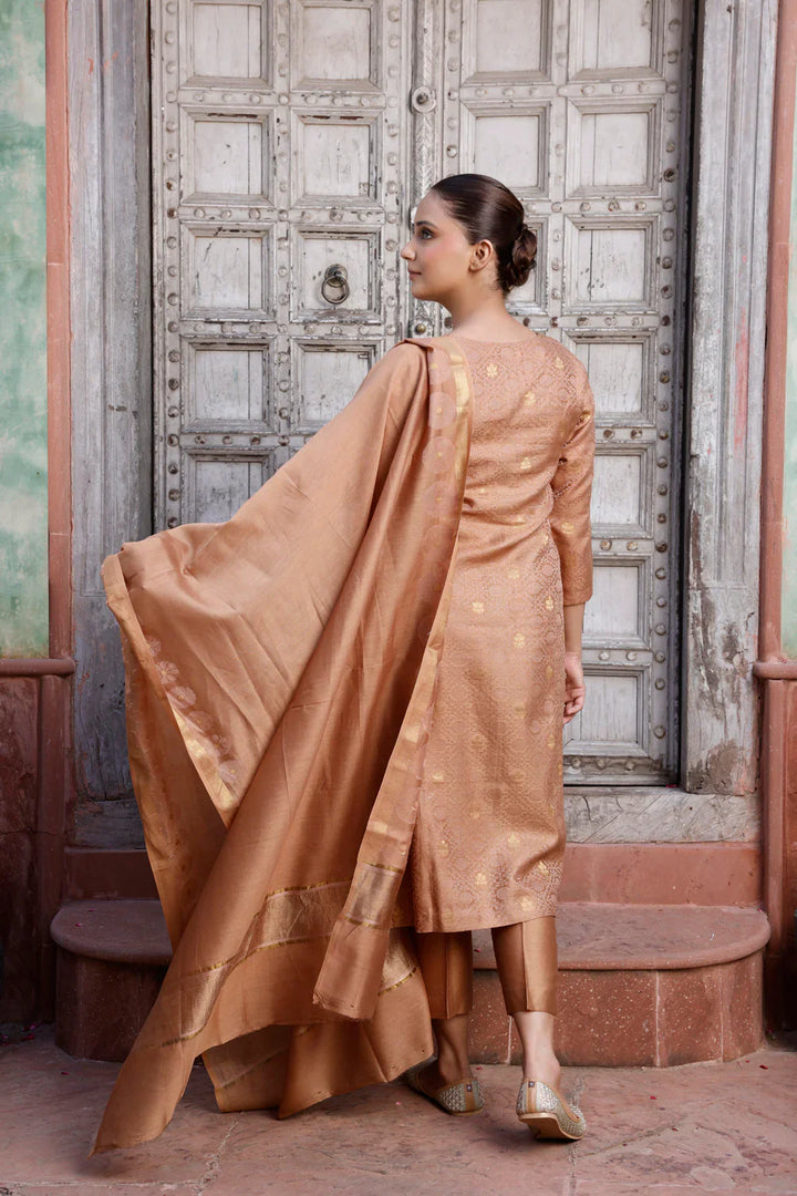 Handloom Gold Tanchoi Banarasi Kurta Set With Dupatta | SHOBITAM