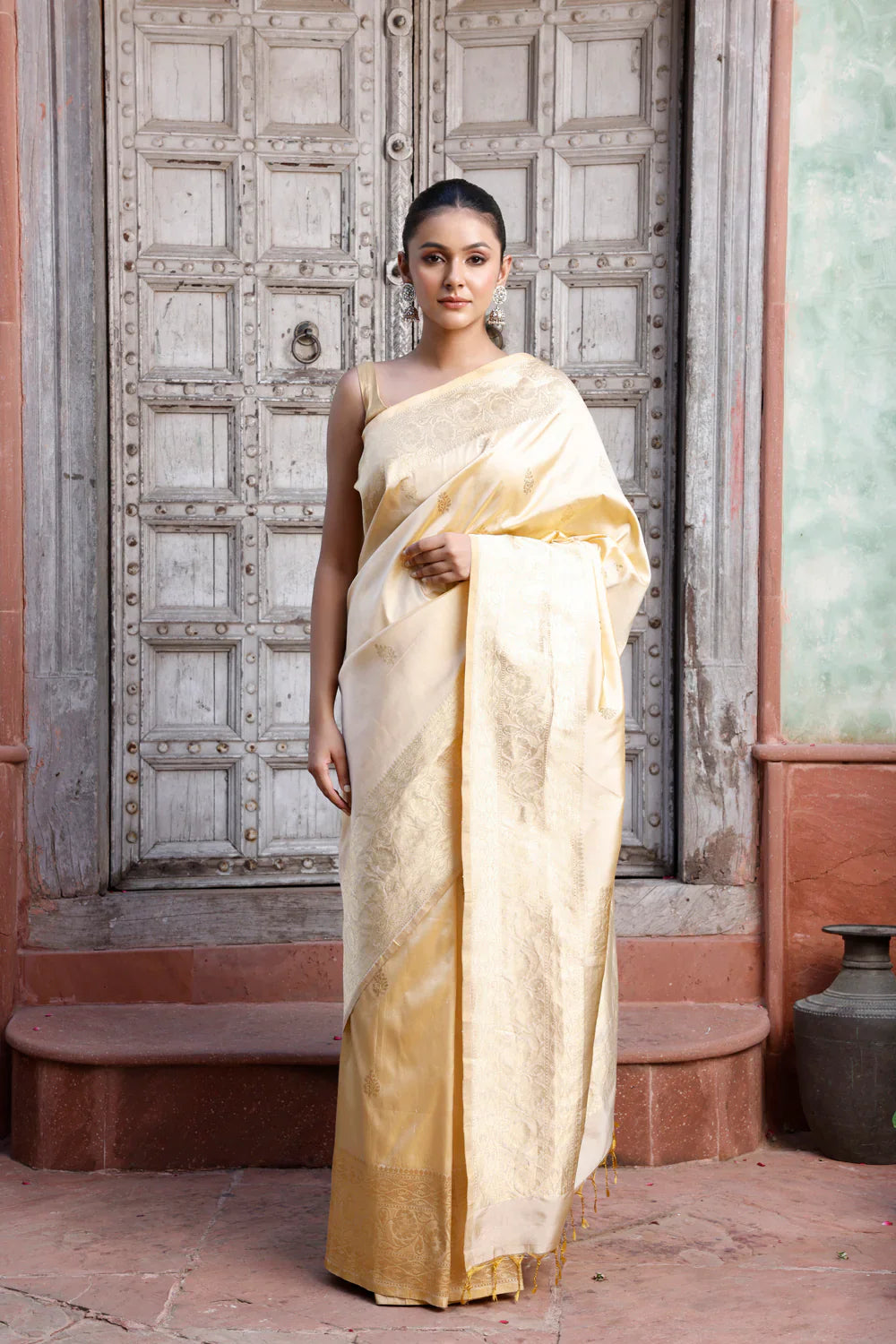 Handloom Cream Pure Silk Banarasi Saree | SILK MARK CERTIFIED | SHOBITAM