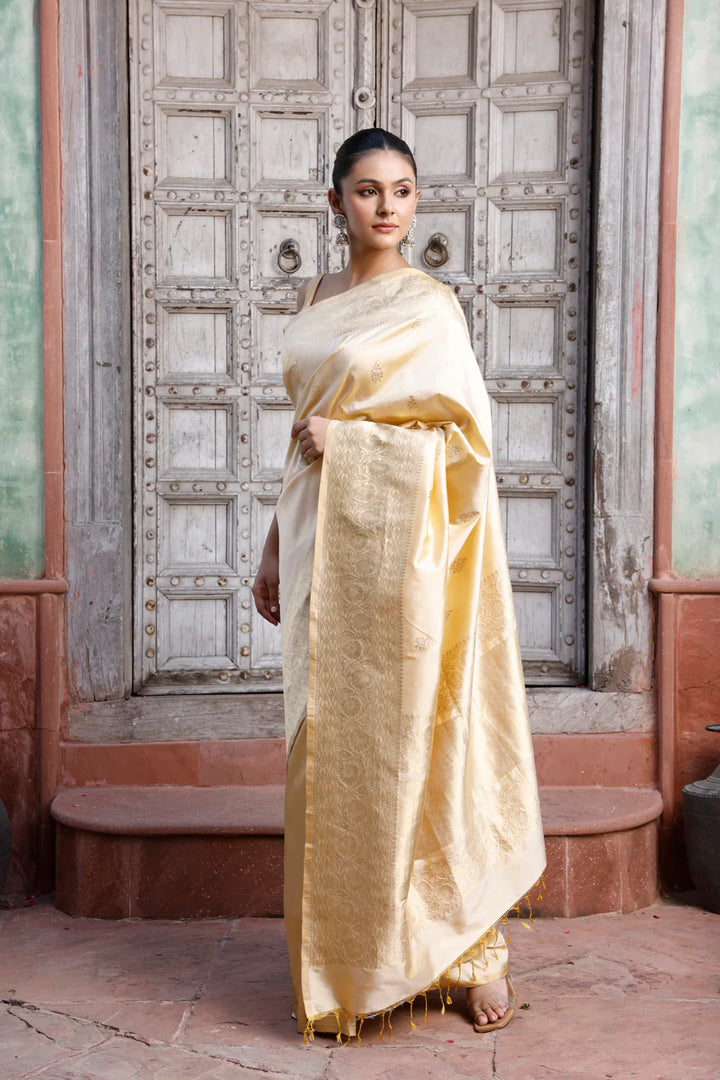 Handloom Cream Pure Silk Banarasi Saree | SILK MARK CERTIFIED | SHOBITAM