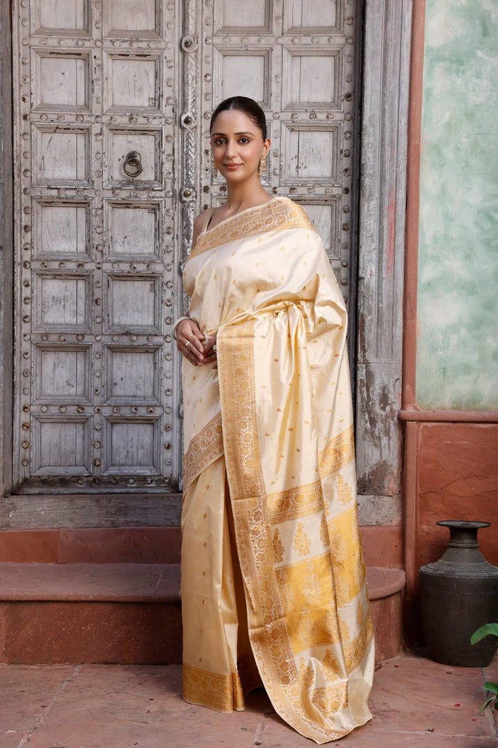 Handloom Cream Pure Silk Banarasi Saree | SILK MARK CERTIFIED | SHOBITAM