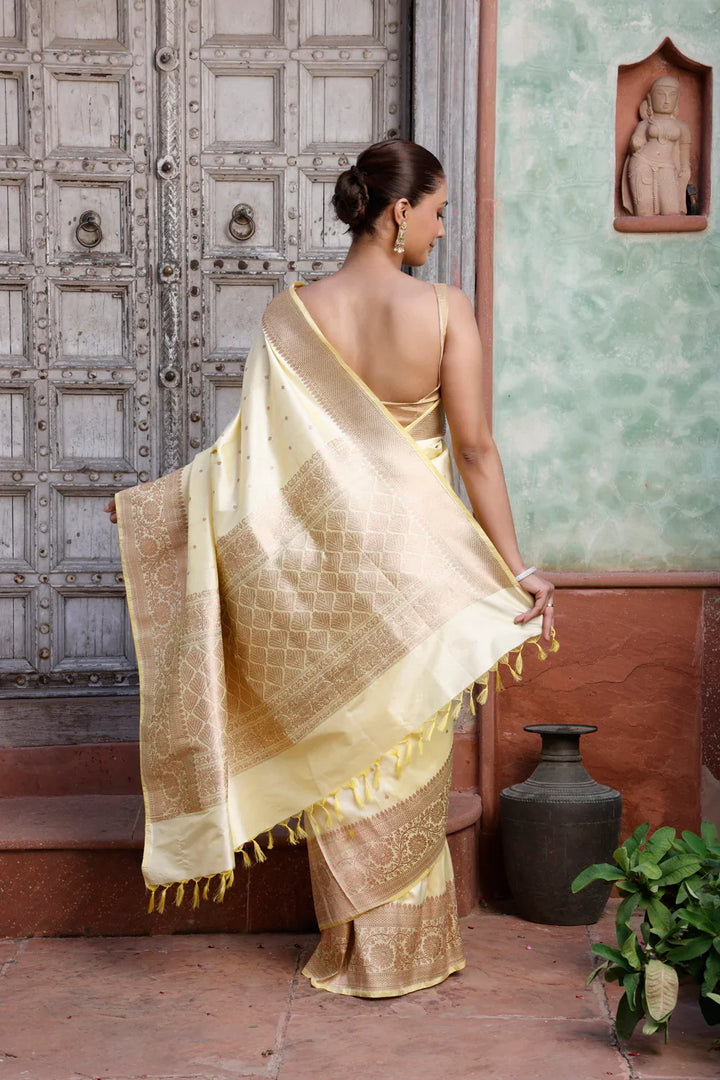 Handloom Mellow Yellow Pure Silk Banarasi Saree | SILK MARK CERTIFIED | SHOBITAM