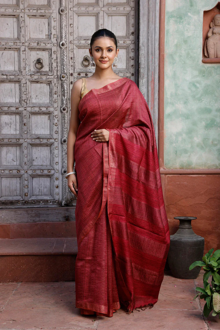 Handloom Maroon Gold Zari Checks Pure Silk Saree | SILK MARK CERTIFIED | SHOBITAM