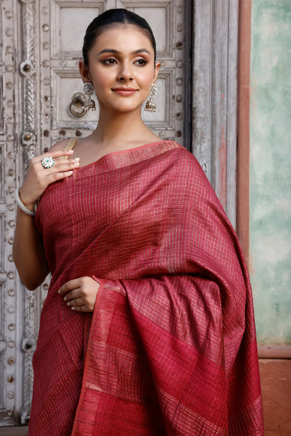 Handloom Maroon Gold Zari Checks Pure Silk Saree | SILK MARK CERTIFIED | SHOBITAM