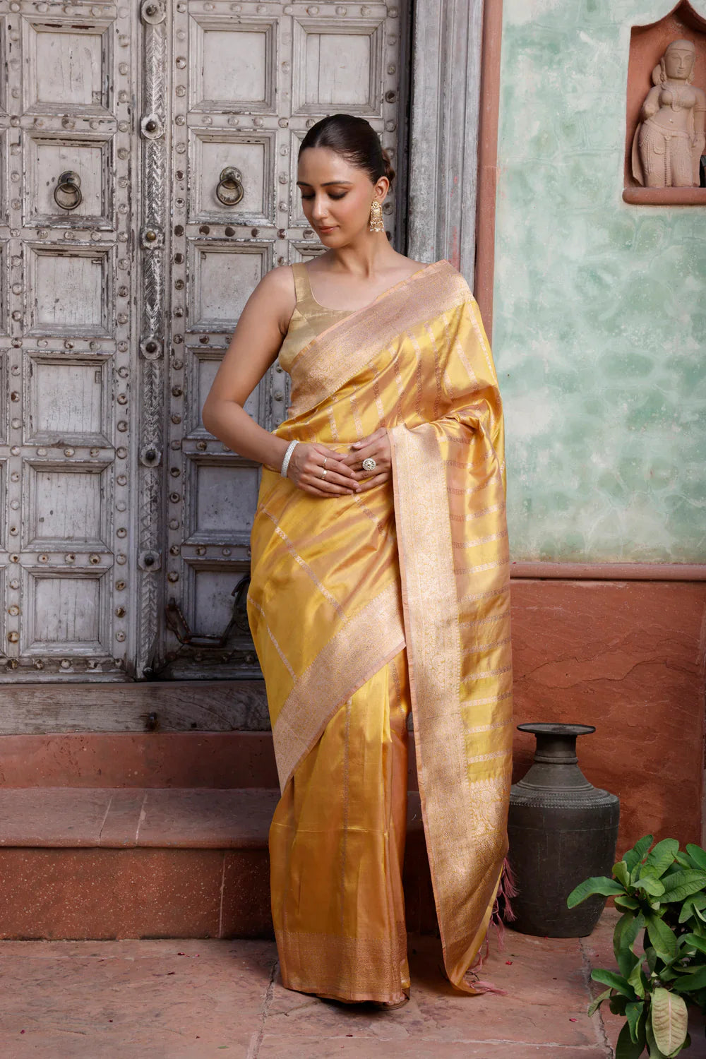 Pretty Handloom Metallic Yellow Pure Silk Banarasi Saree | SILK MARK CERTIFIED | SHOBITAM
