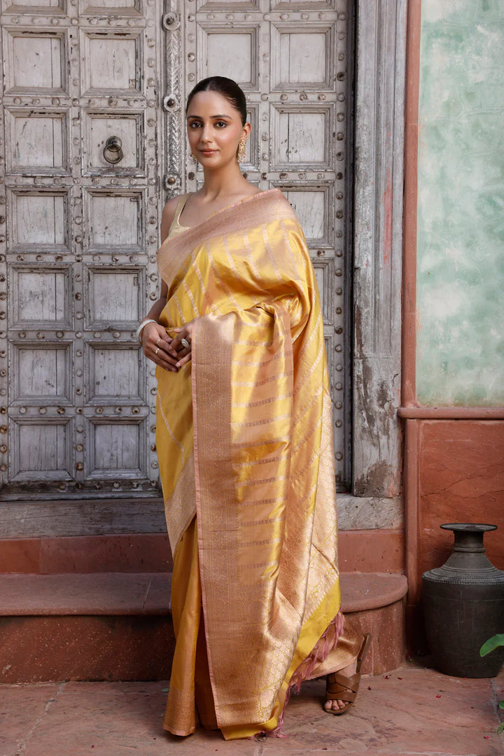 Pretty Handloom Metallic Yellow Pure Silk Banarasi Saree | SILK MARK CERTIFIED | SHOBITAM