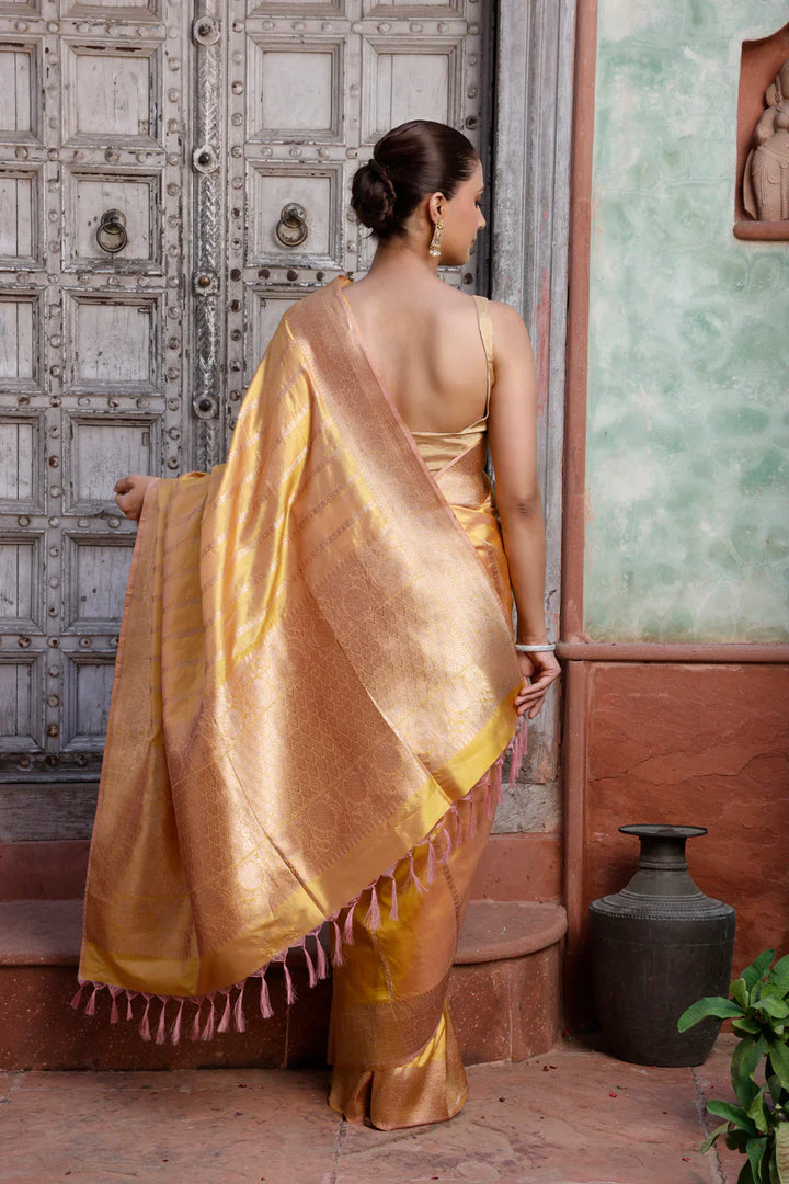 Pretty Handloom Metallic Yellow Pure Silk Banarasi Saree | SILK MARK CERTIFIED | SHOBITAM