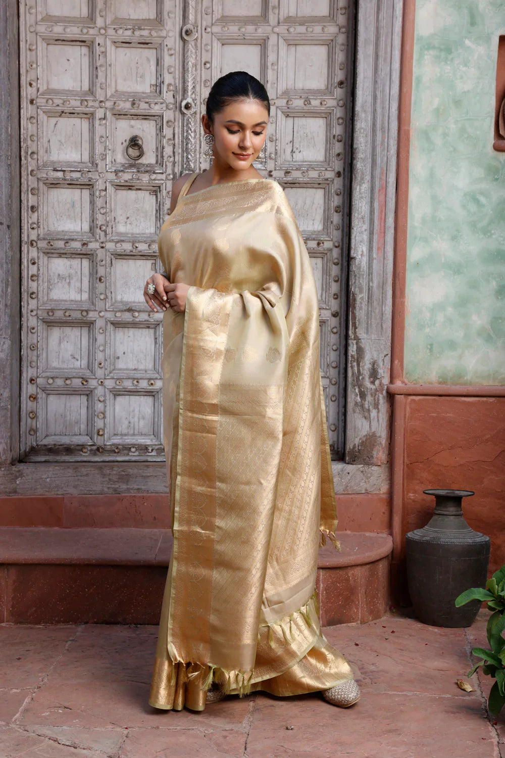 Khaki Handloom Pure Silk Kanjivaram Saree with Zari Buttas and Zari Border | SILK MARK CERTIFIED