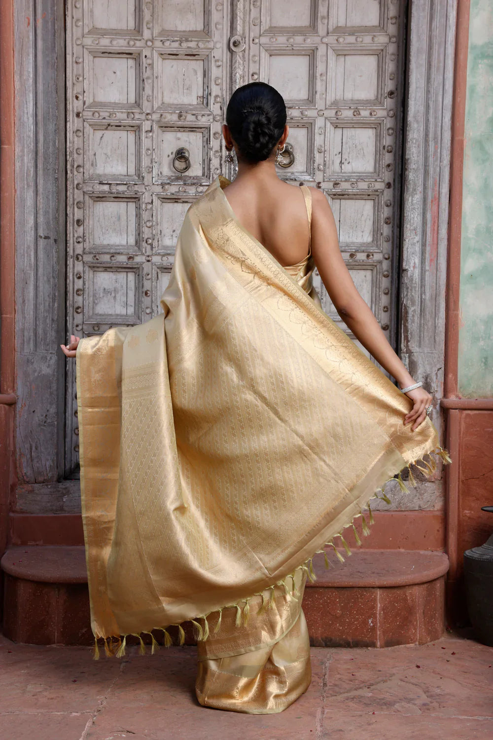 Khaki Handloom Pure Silk Kanjivaram Saree with Zari Buttas and Zari Border | SILK MARK CERTIFIED