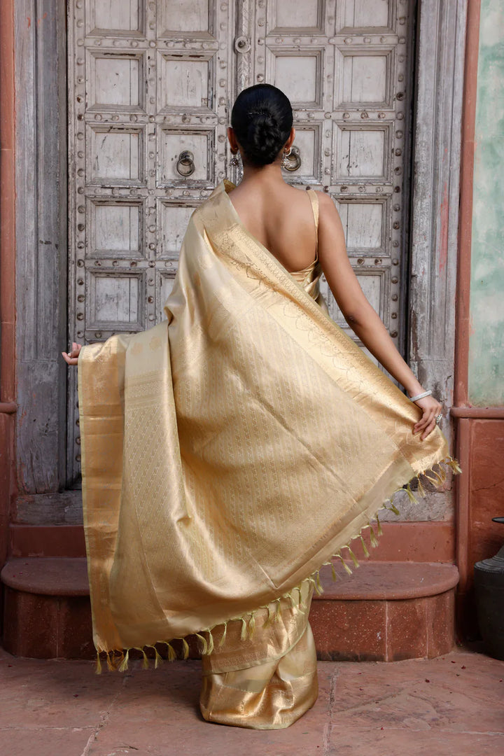 Khaki Handloom Pure Silk Kanjivaram Saree with Zari Buttas and Zari Border | SILK MARK CERTIFIED