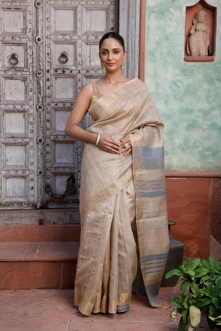 Handloom Beige Pure Silk Saree with Gold Border & Grey Pallu | SILK MARK CERTIFIED | SHOBITAM