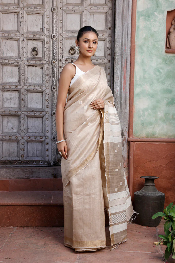Handloom Beige Pure Silk Saree with Gold Border & White Pallu | SILK MARK CERTIFIED | SHOBITAM