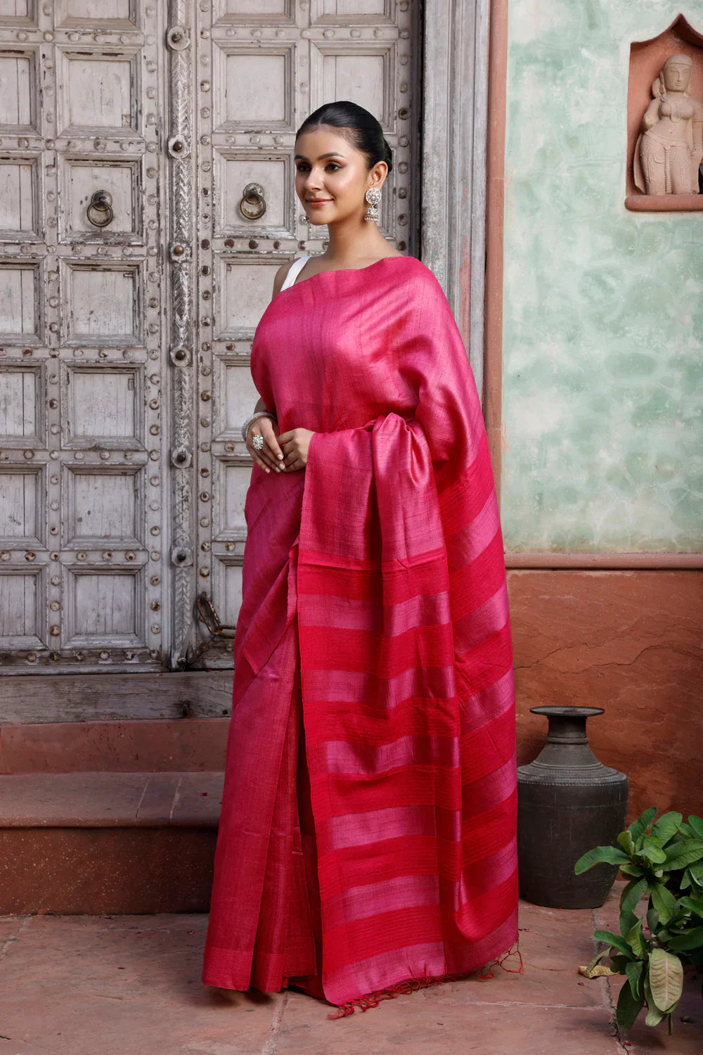 Pink Handloom Tussar Silk Saree With Pink Stripes Border | SILK MARK CERTIFIED | SHOBITAM